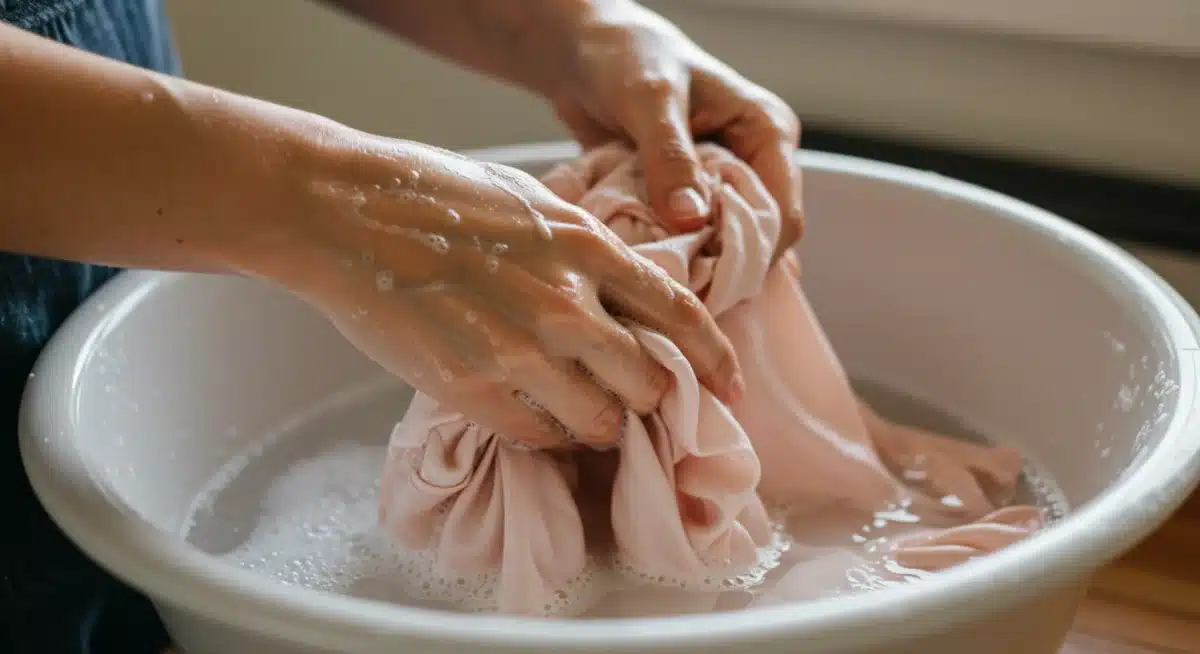 Hands gently hand-washing a delicate silk blouse, illustrating careful garment care