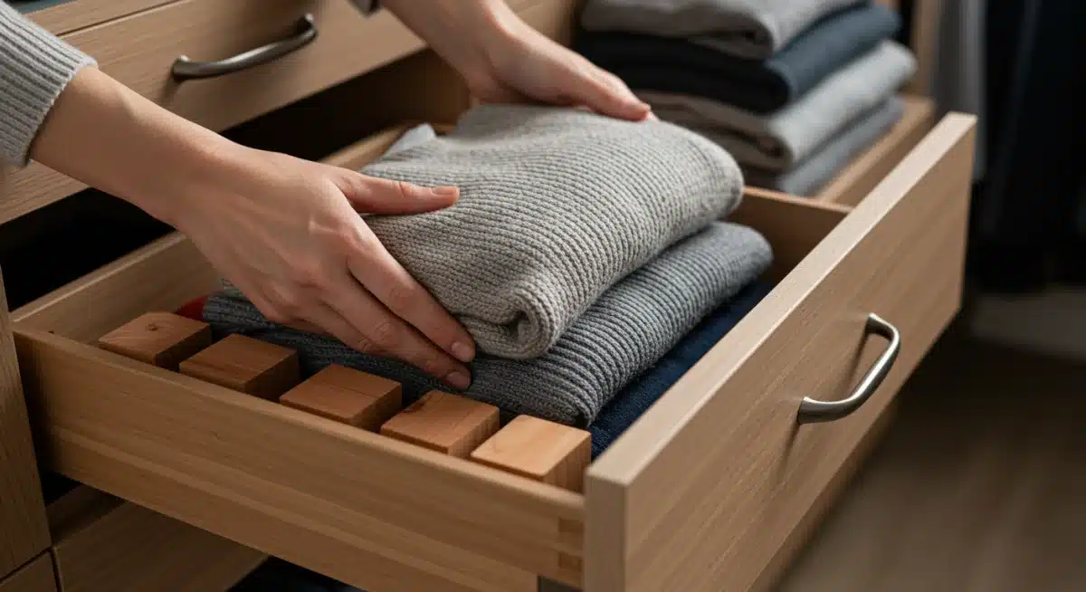 Person folding a sweater and placing it with cedar blocks for optimal storage