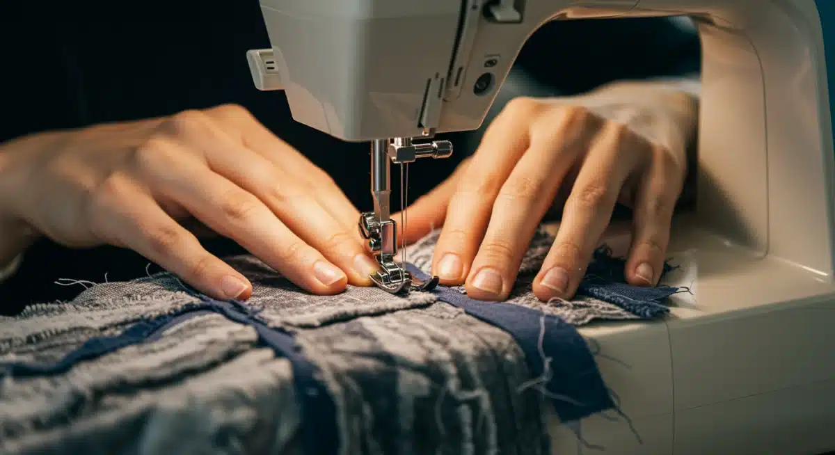 Hands stitching fabric scraps, demonstrating craftsmanship in upcycled fashion production.