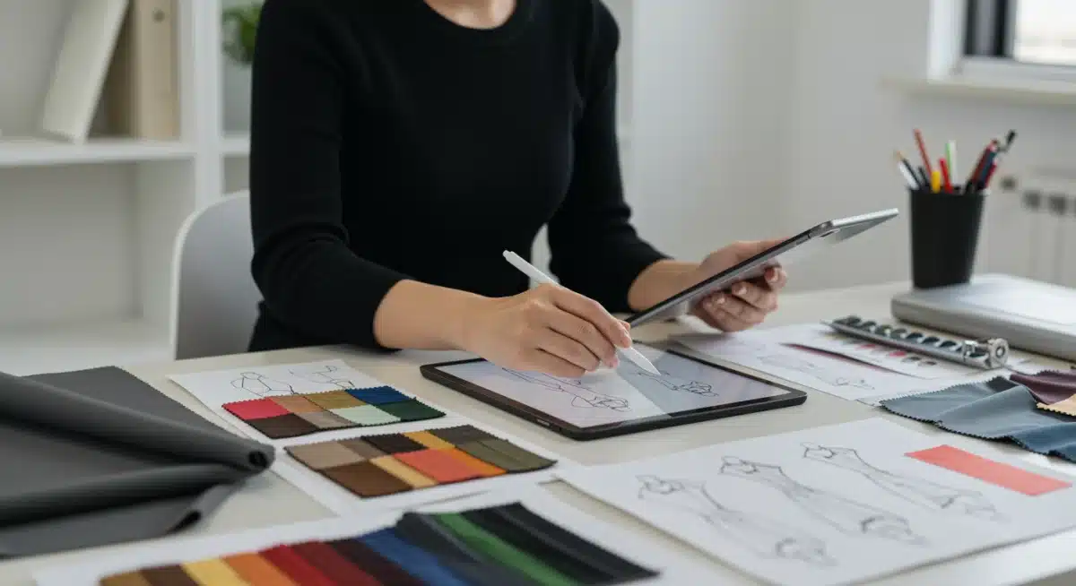 Fashion designer creating innovative smart fabric garment designs in a studio.