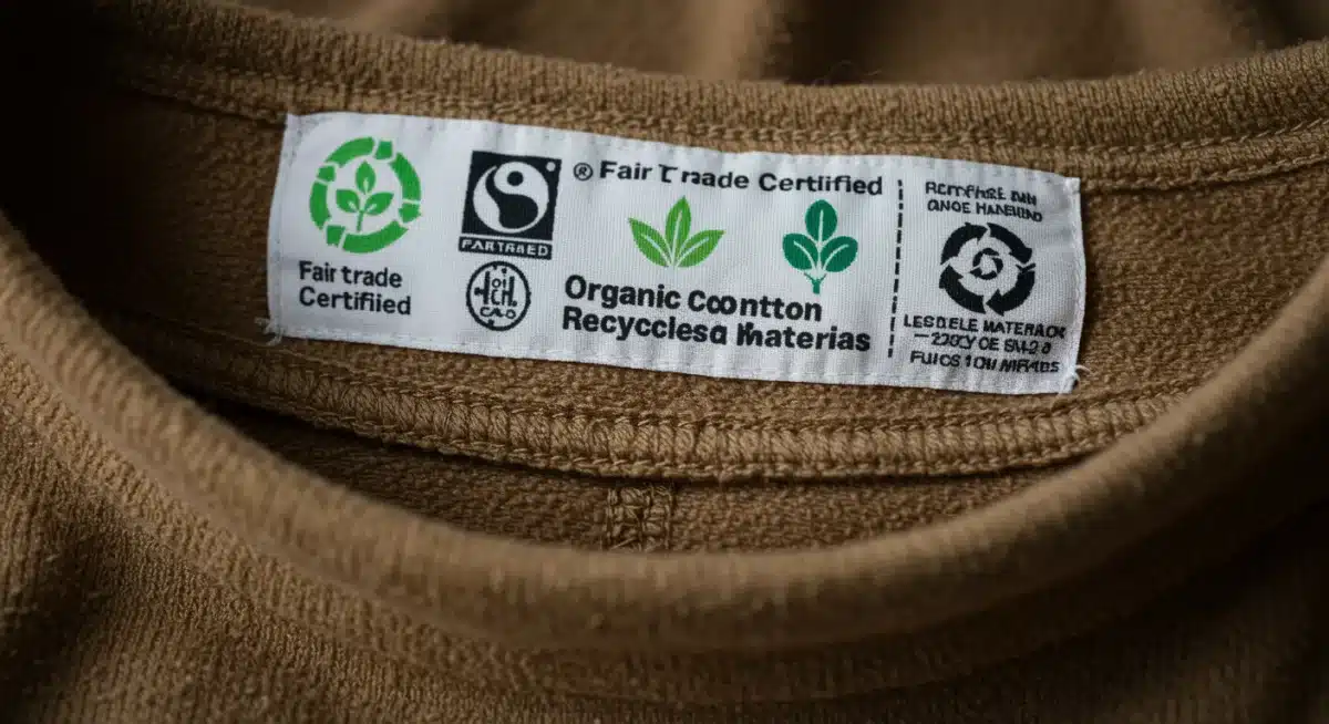 Close-up of ethical and sustainable clothing certifications on a label