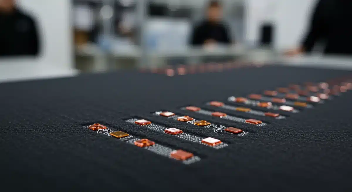 Close-up of smart textile with embedded micro-sensors for performance monitoring.