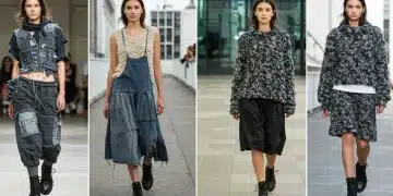 Vibrant upcycled fashion garments, models showcasing eco-friendly designs from repurposed materials.