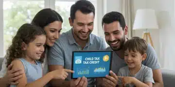 Happy family reviewing 2026 Child Tax Credit information on a tablet.
