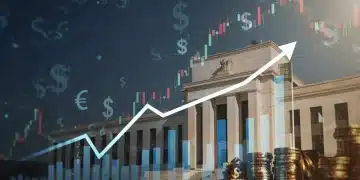 Graph showing rising interest rates with financial symbols and Federal Reserve building.