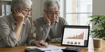Senior couple analyzing financial data with concern over 5% inflation impacting retirement savings.