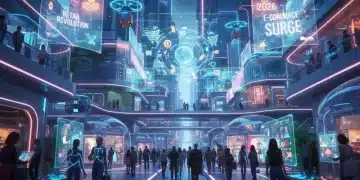 Futuristic retail scene with holographic ads and delivery drones, illustrating the 2026 Retail Revolution and e-commerce growth.