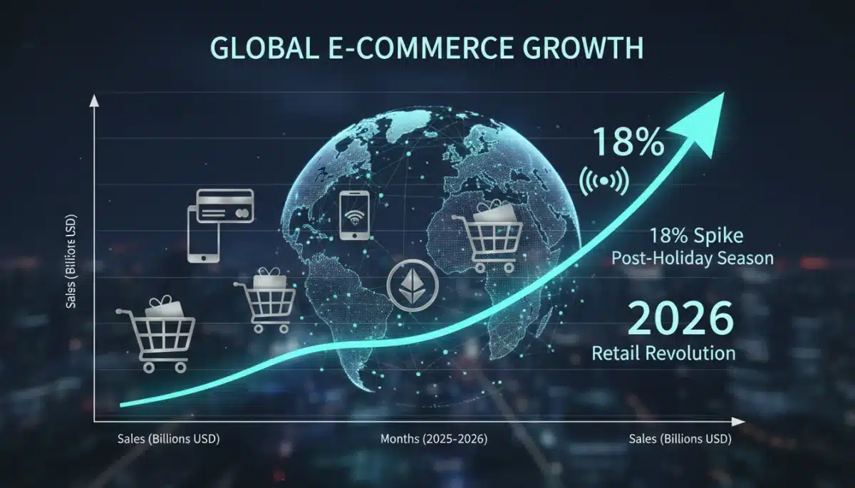 E-commerce sales graph showing an 18% post-holiday surge, highlighting the 2026 retail revolution.