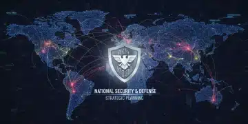 Global map showing cybersecurity threats and geopolitical hotspots, with a shield representing national security in 2026.