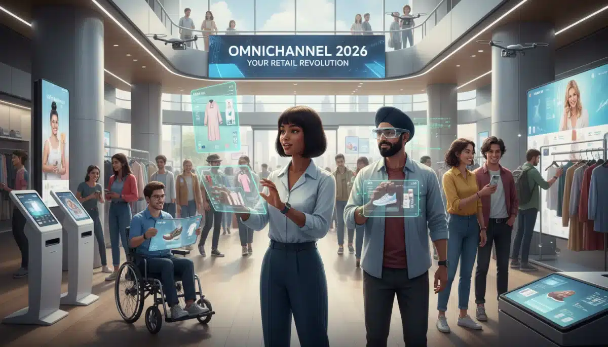 Consumers engaging in omnichannel shopping across multiple devices, showcasing the 2026 retail revolution.