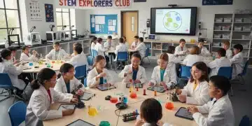 K-12 students collaborating on a science experiment, symbolizing active STEM learning.