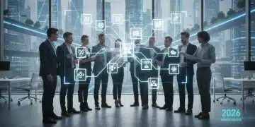 Professionals discussing micro-credentials and 6-week online courses in a modern digital setting