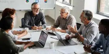 Adult learners collaborating in a modern classroom, symbolizing education grant pursuit