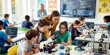 Diverse students engaged in STEM activities, working on robotics and coding projects in a modern classroom.
