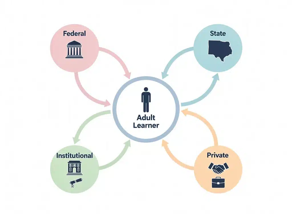 Infographic illustrating various education grant funding sources for adult learners