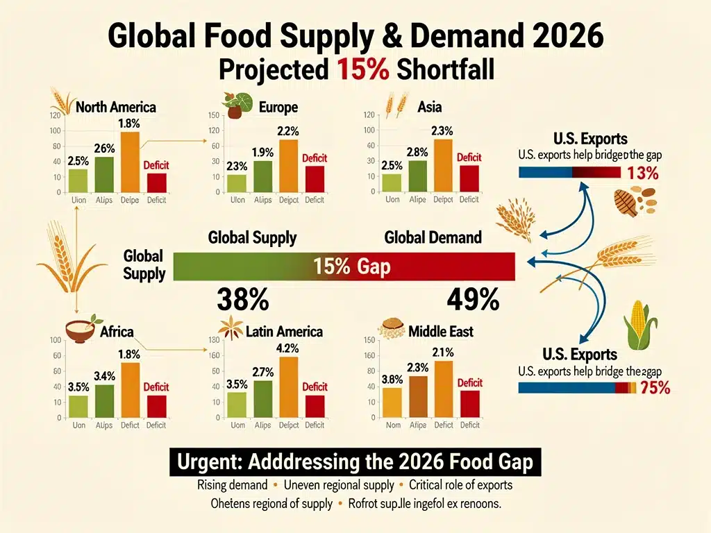 Infographic showing global food supply and demand projections with a 15% shortfall.