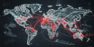 Global supply chain network with disruption indicators due to geopolitical tensions, impacting industry.