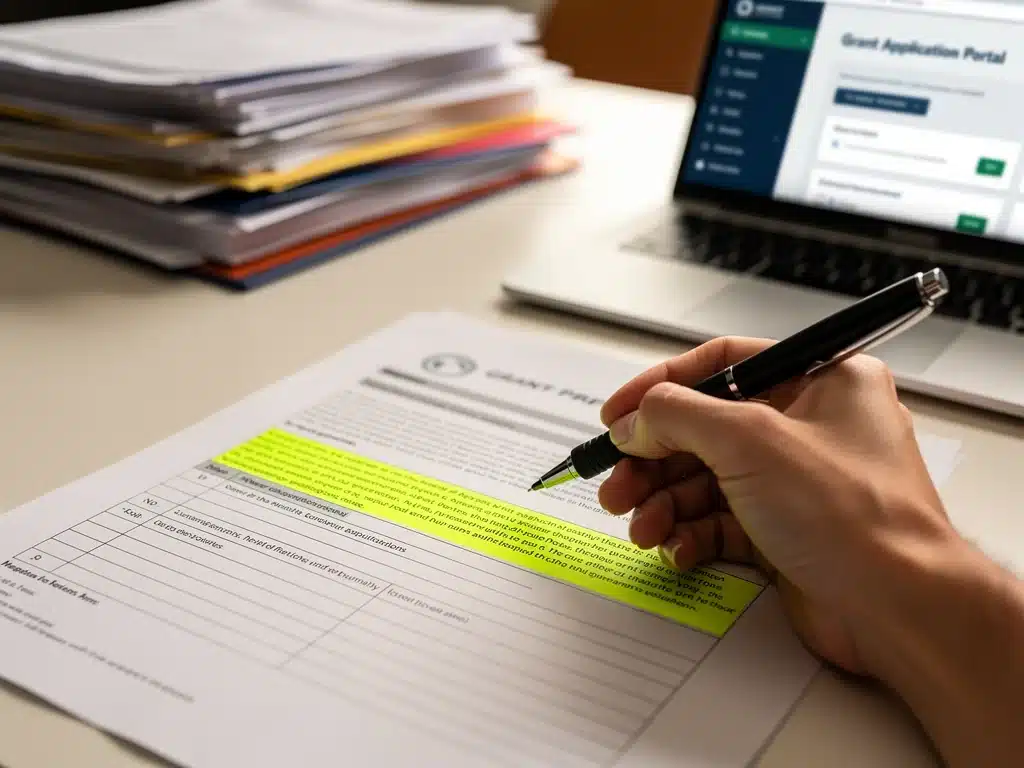 Hand reviewing a grant application form with a pen, emphasizing detail