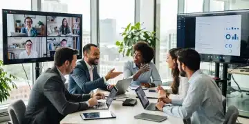 Future of Remote Work: 40% US Companies Hybrid by 2026 Diverse team collaborating in a hybrid work environment, blending in-office and remote contributions.