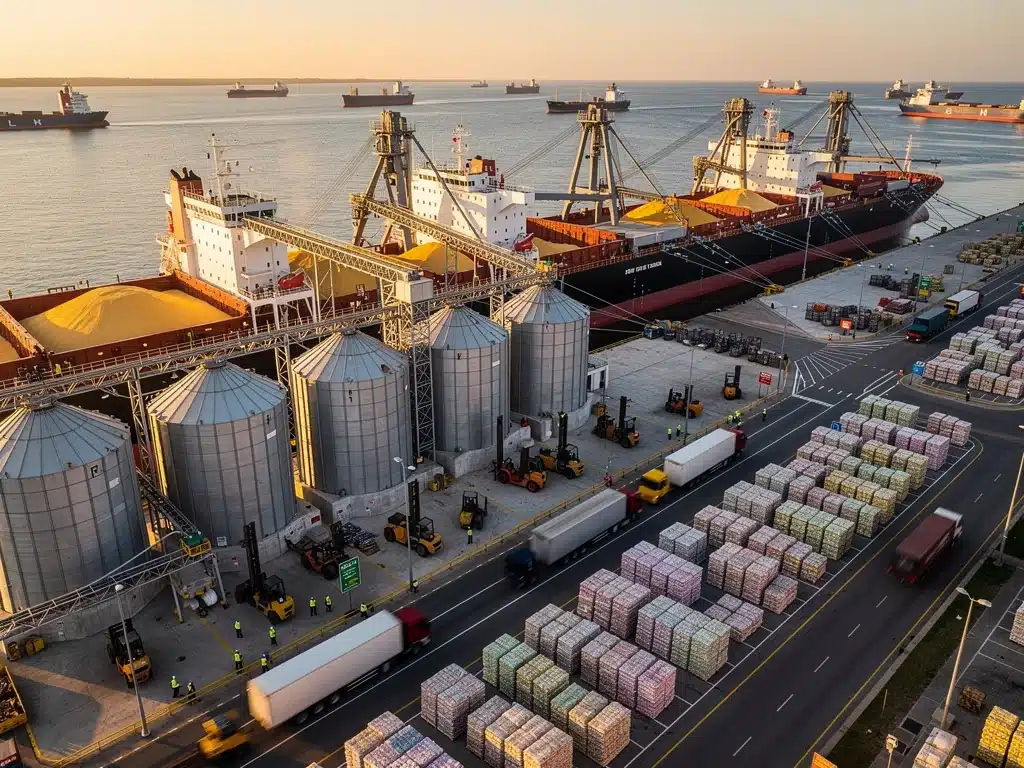 Aerial view of a busy port loading U.S. agricultural exports for global markets.
