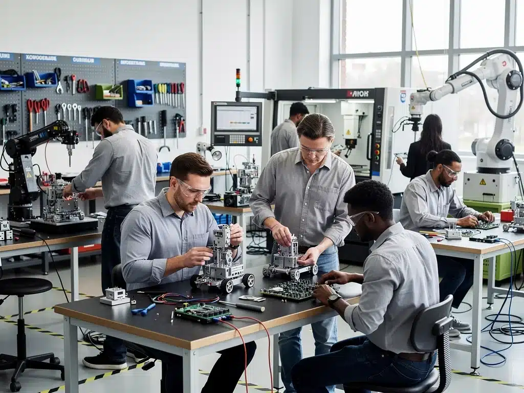 Adults engaged in vocational training for advanced manufacturing and robotics.