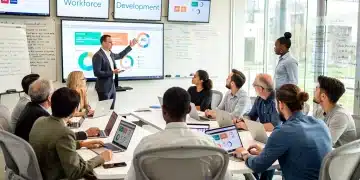 Adults learning in a modern classroom for workforce development