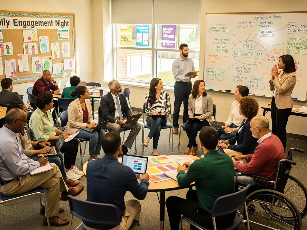 Diverse community meeting discussing educational strategies for equitable outcomes.
