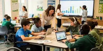 Diverse students and teachers collaborating in a modern classroom, symbolizing educational equity.