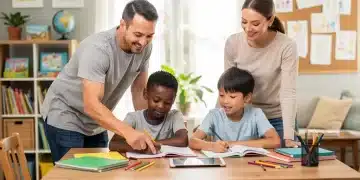Family homeschooling at home with books and technology
