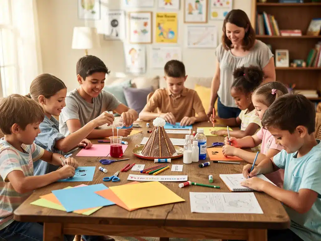 Children collaborating on a homeschooling project in a co-op