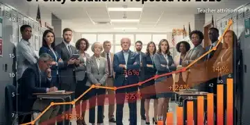 Teachers in a school, symbolizing the ongoing Teacher Retention Crisis in the US, with data overlays.
