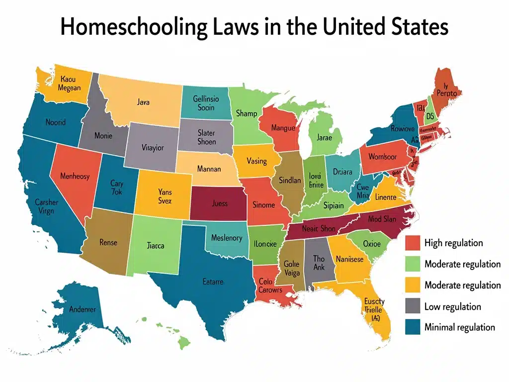 Map of US states showing diverse homeschooling regulations