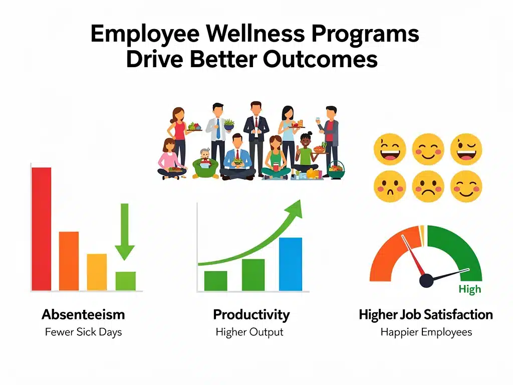 Infographic showing benefits of wellness programs: reduced absenteeism, higher productivity, job satisfaction.