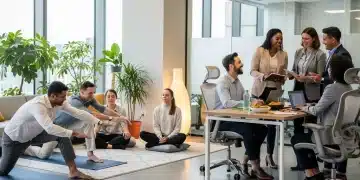 Employees participating in diverse workplace wellness activities, promoting health and satisfaction.