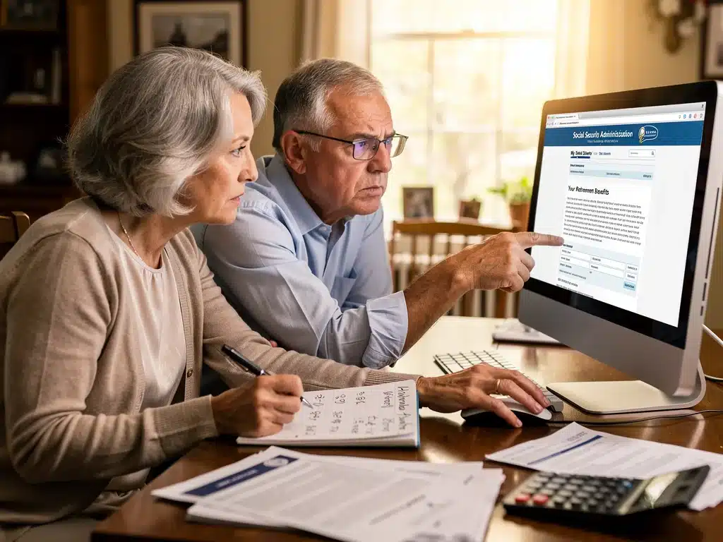 Couple reviewing Social Security spousal benefits information online.