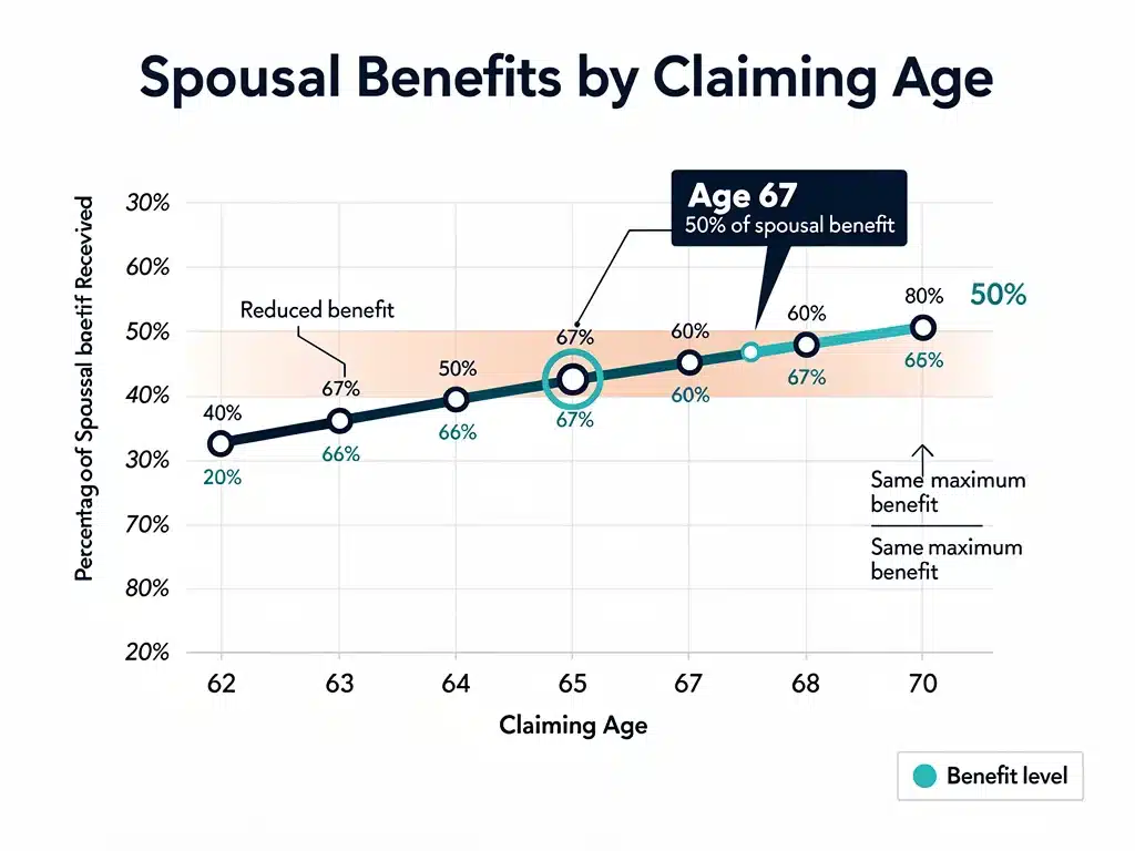 Infographic illustrating Social Security spousal benefit percentages by claiming age.