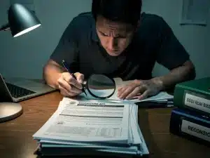 Person reviewing SSDI reconsideration documents with magnifying glass