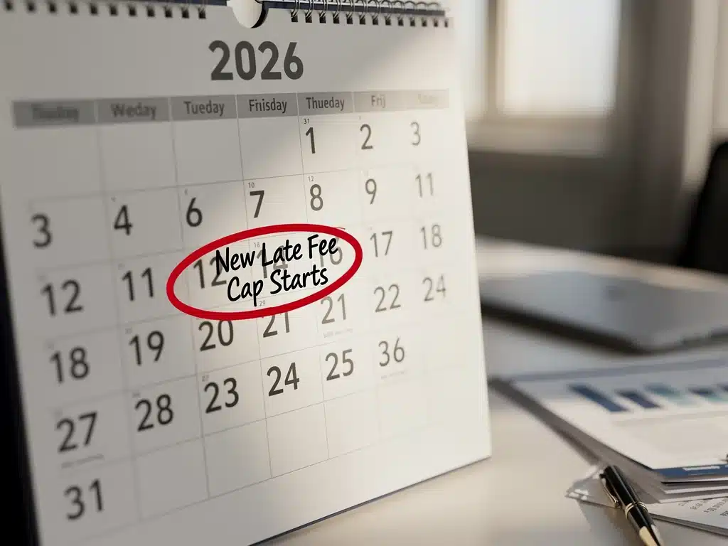 Calendar highlighting 2026, marking the effective date of the new credit card late fee cap.