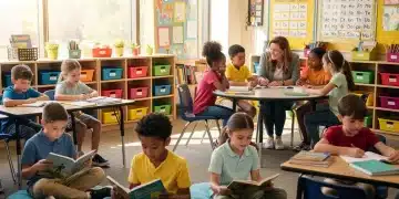 3rd-grade students engaged in reading activities in a classroom, representing new literacy standards.