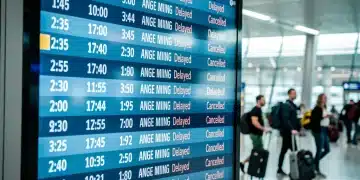 Airport departure board displaying numerous flight delays and cancellations