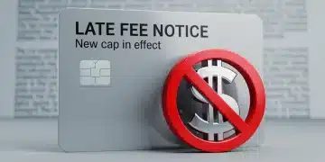 Credit card with a red circle slashing through a high late fee, symbolizing the new CFPB $8 cap.