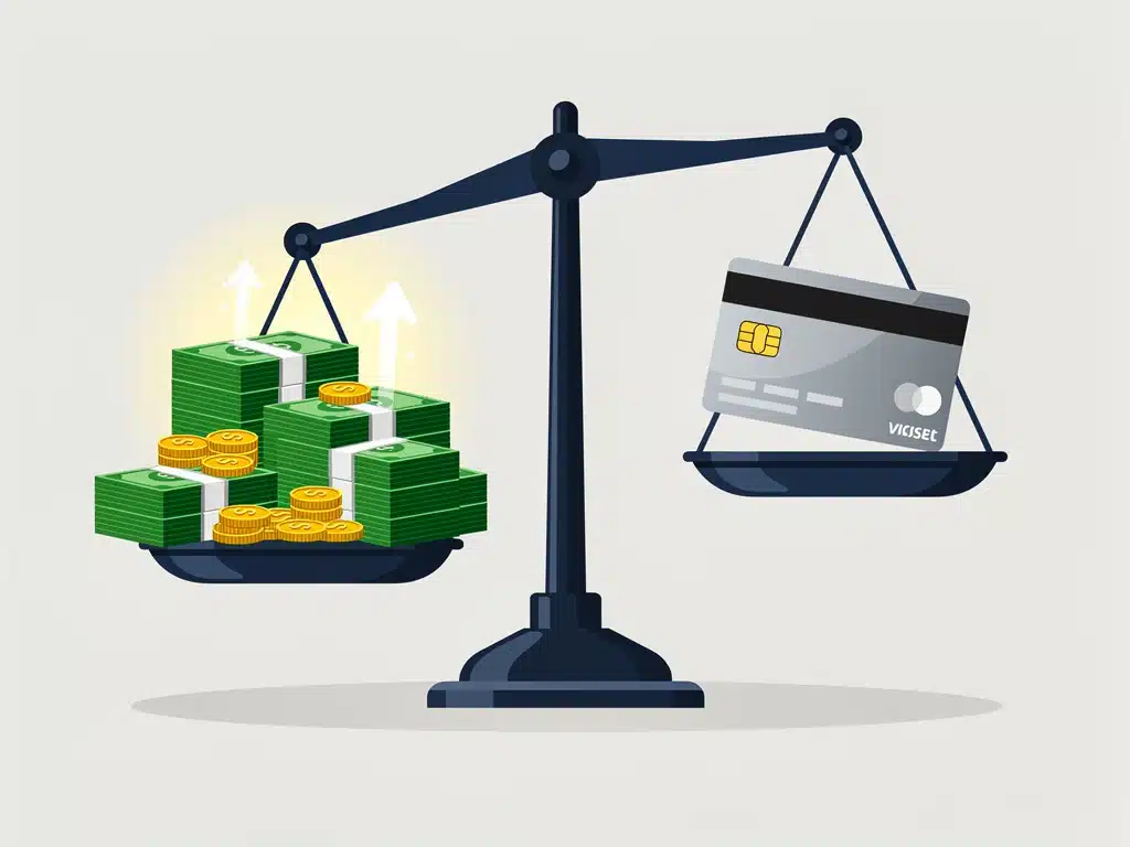 Graphic illustrating consumer savings on credit card late fees with a balanced scale.
