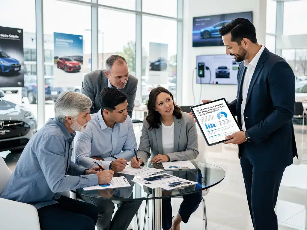 Consumers discussing 2026 EV tax credit eligibility with a salesperson