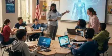 Students and teachers engaging with AI in a modern classroom, reflecting new federal edtech guidelines.