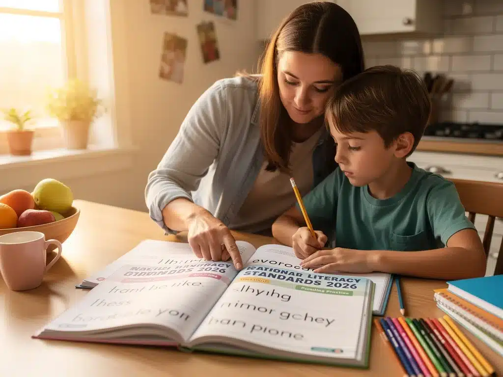 Parent and child studying together at home, supporting 3rd grade reading benchmarks.