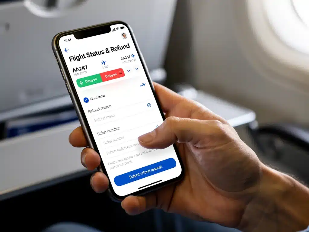 Passenger checking flight status or refund claim on smartphone app
