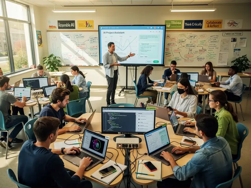 Teacher guiding students using AI tools responsibly in a classroom setting.