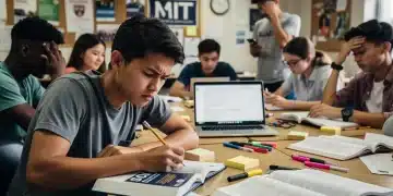 Students prepare for SAT and ACT, a diverse group focused on test prep materials with university symbols in the background.